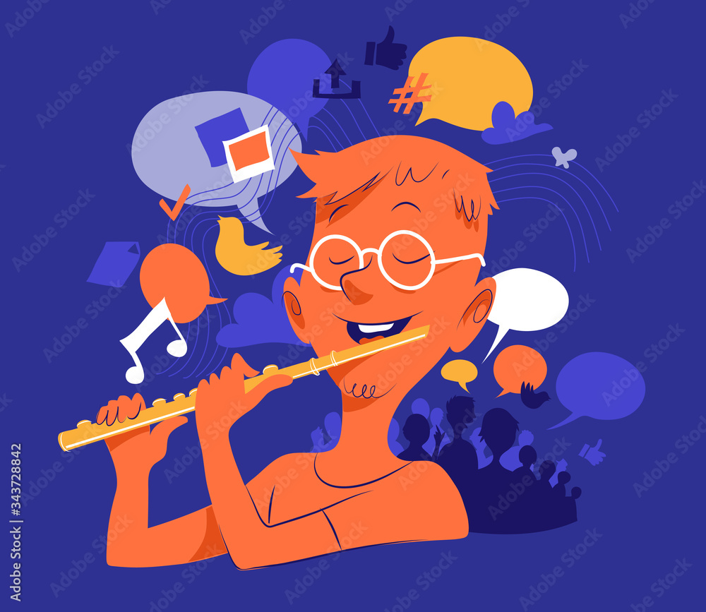 Un ragazzino che suona il flauto. Simboli della musica Stock Vector