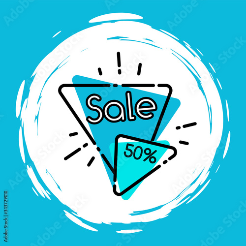 Half price discount, blue painted sale label isolated. Vector illustration of 50 percent off sale, abstract geometric circle and round brush strokes. Advertisement tag, best offer half price discount