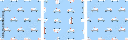 Set of modern vector seamless patterns in flat style. Endless texture, wallpaper, background, fabric print. White ambulance car. Medical vehicle. Emergency. Urgent medicine. Health care design concept