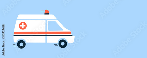 Vector illustration in flat style. Poster, banner, brochure, announcement template. Empty place for text. White ambulance car with red siren light. Medical vehicle. Emergency. Urgent medicine concept