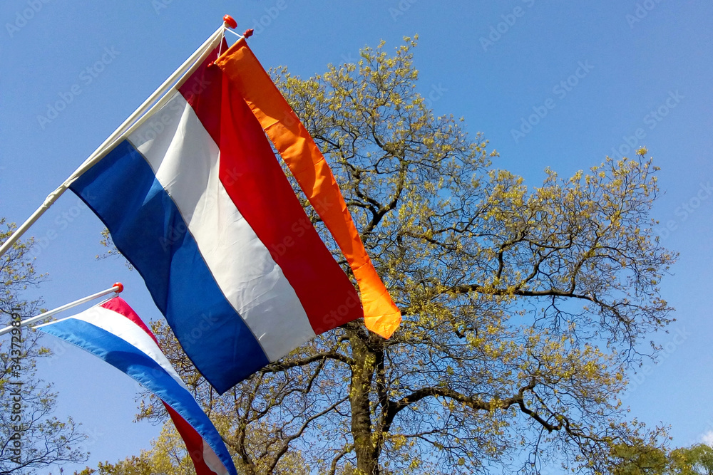 Dutch flag in red, white and blue, with orange streamer on Dutch ...