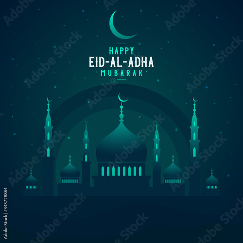 Abstract religious Happy Eid Al Adha Mubarak Islamic vector illustration with mosque, moon and star. Mosque silhouette in the night sky and abstract light.