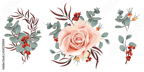 Set of vector floral bouquets. Powdery rose, eucalyptus, branch of red berries and rose hips. Wedding floristics in the style of Boho. Autumn bouquet. Vector stock illustration on white background.