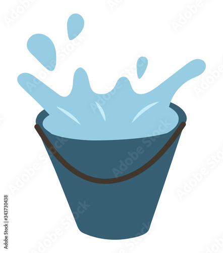Bucket with water splashes isolated on white. Vector metal container with handle full of aqua, plastic watering garden equipment, bucketful challenge