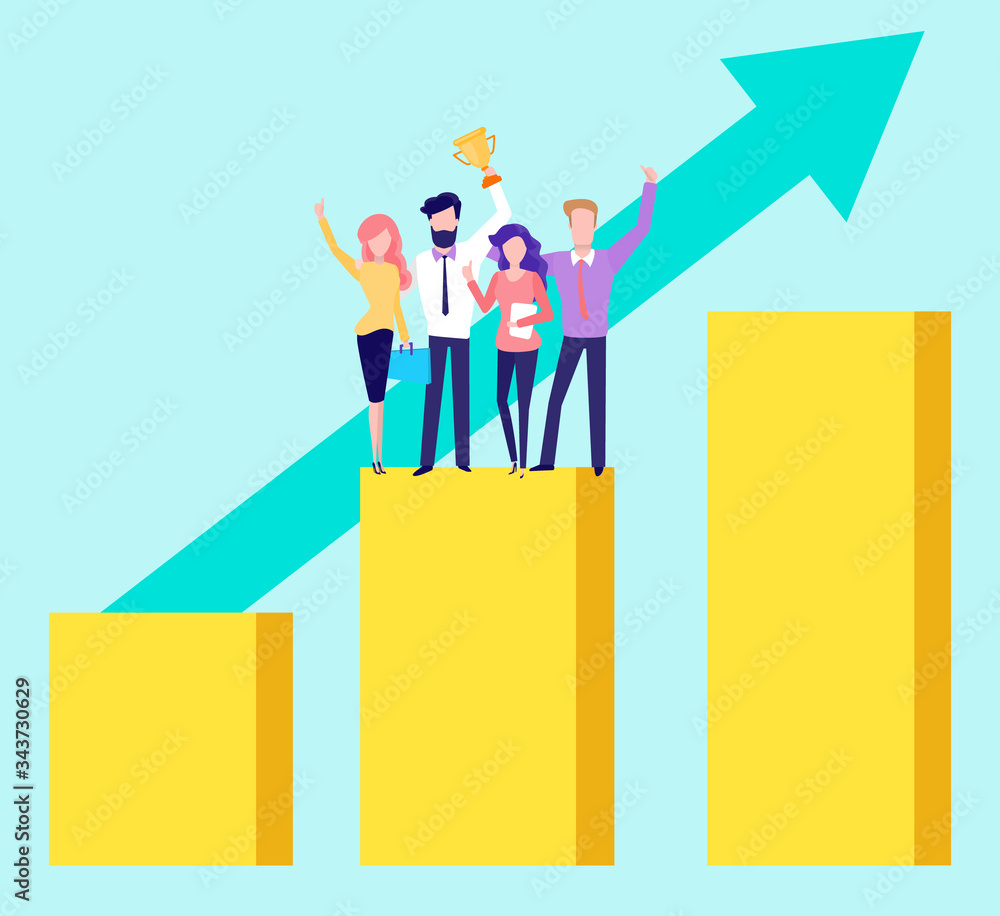 Teambuilding concept, group of people standing on top of growing chart, isolated cartoon people. Vector brokers cooperation, arrow moving to top