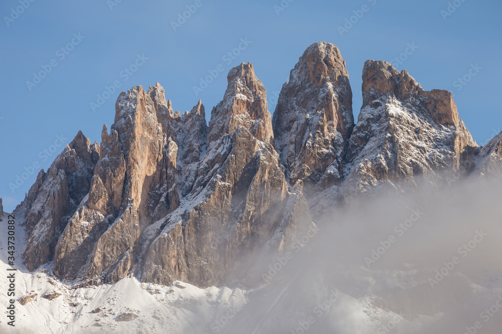 view on the Odle mount in Val di Funes, Dolomites after an autumnal storm