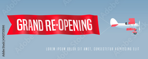 Vector retro biplane with wavy advertising banner for grand opening or re-opening illustration