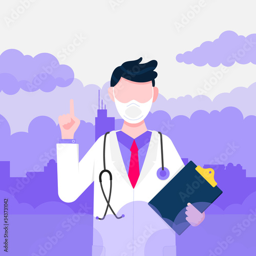 Confused man doctor in mask against smog. Fine dust, air pollution, industrial smog protection concept flat style design vector illustration. Industrial factory pipes with huge clouds of smoke behind.