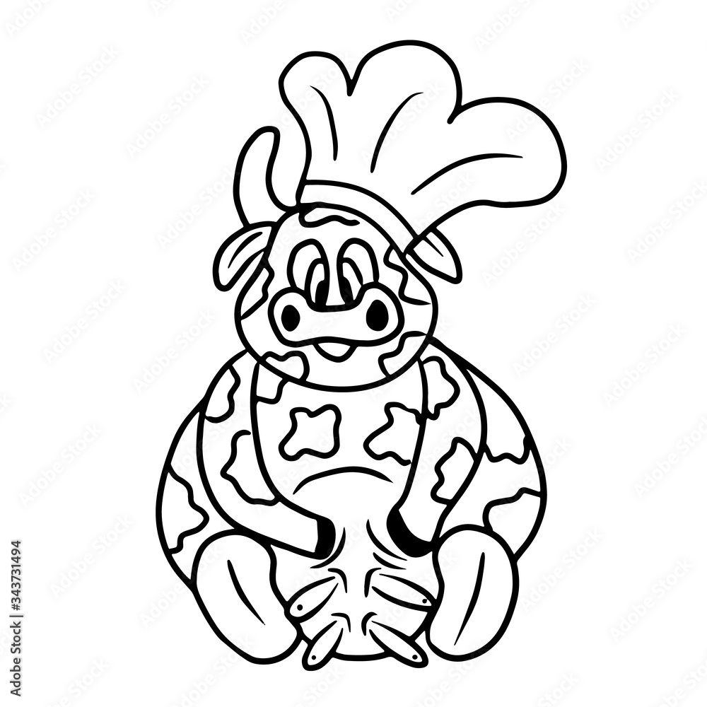 Happy cute cow with stains sitting in the cook chef hat. Simple vector illustration in cartoon doodle style. Concept of cookery, gastronomy, cafe logo, dairy milk products, symbol of new 2021 year. Happy cute cow with stains sitting in the cook chef hat. Simple vector illustration in cartoon doodle style. Concept of cookery, gastronomy, cafe logo, dairy milk products, symbol of new 2021 year.