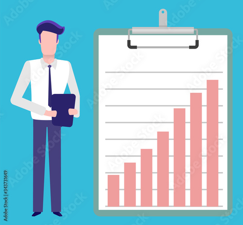 Information presentation on clipboard vector, man with tablet explaining results and given data . Presenting new successful scheme of company outcome
