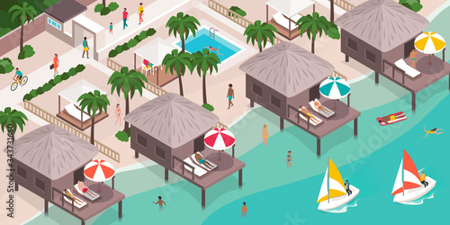 People relaxing at the beach resort and practicing social distancing
