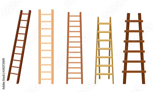 Wooden Stairs or Step Ladders for Domestic and Construction Needs Vector Set
