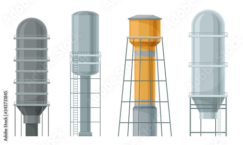 Water Towers or Tank Houses Made of Metal Vector Set