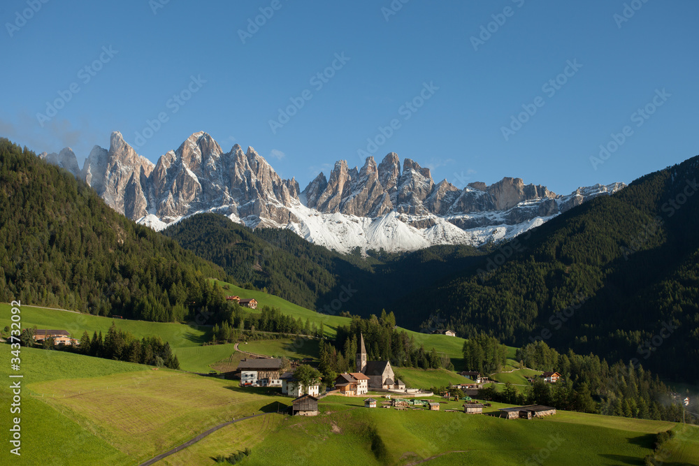 View from the small Italian mountain town of St. Magdalena in Val di Funes