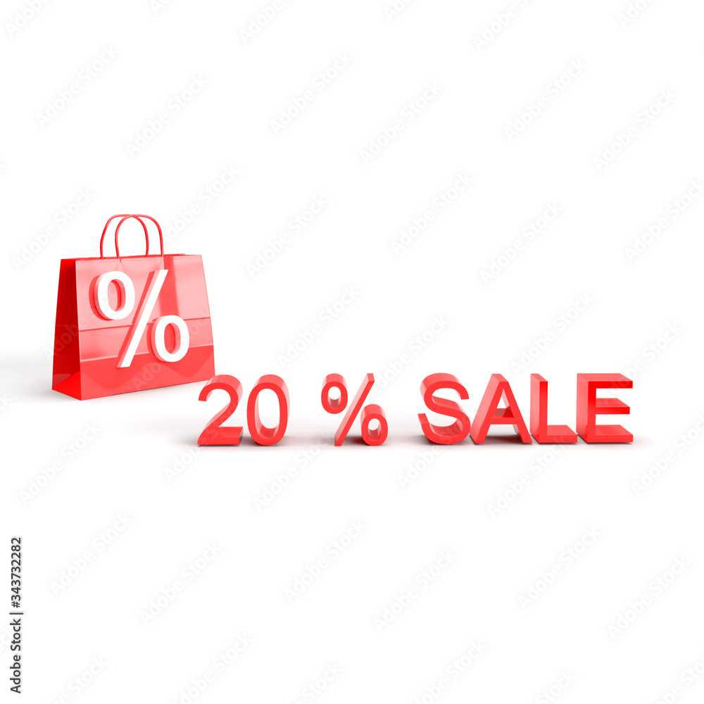 20% sale off promotion for product selling. Shopping bag with percent. Shock price isolated on white background. 3D rendering. Summer sale. End of season. 20% sale off promotion for product selling. Shopping bag with percent. Shock price isolated on white background. 3D rendering. Summer sale. End of season.