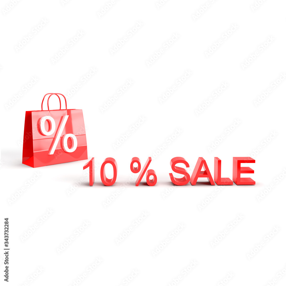10% sale off promotion for product selling. Shopping bag with percent. Shock price isolated on white background. 3D rendering. Summer sale. End of season. 10% sale off promotion for product selling. Shopping bag with percent. Shock price isolated on white background. 3D rendering. Summer sale. End of season.