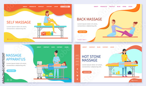 Set of massage techniques and types. Self and back massage, relaxation for clients with help of hot stones. Apparatus for therapy. Website or webpage template, landing page, vector in flat style