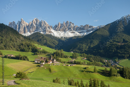 View from the small Italian mountain town of St. Magdalena in Val di Funes