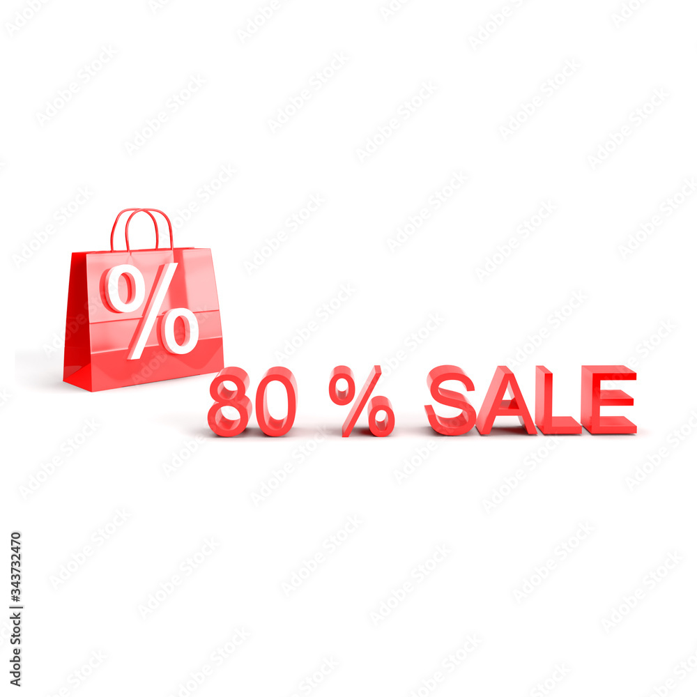 80% sale off promotion for product selling. Shopping bag with percent. Shock price isolated on white background. 3D rendering. Summer sale. End of season. 80% sale off promotion for product selling. Shopping bag with percent. Shock price isolated on white background. 3D rendering. Summer sale. End of season.