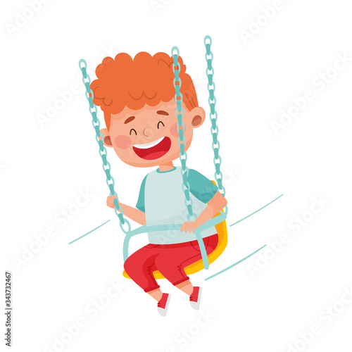 Red Haired Boy Having Fairground Ride and Laughing Vector Illustration