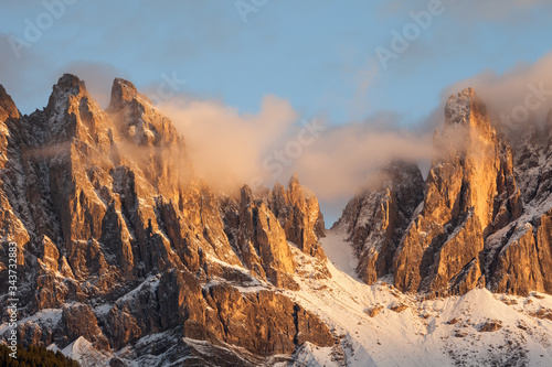 view on the Odle mount in Val di Funes, Dolomites at sunset after an autumnal storm