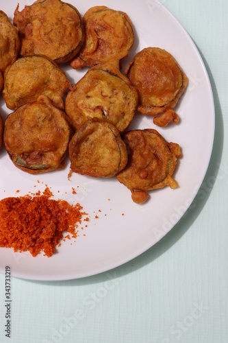 Brinjal Pakoda or Pakora, egg plant fritters, Indian food