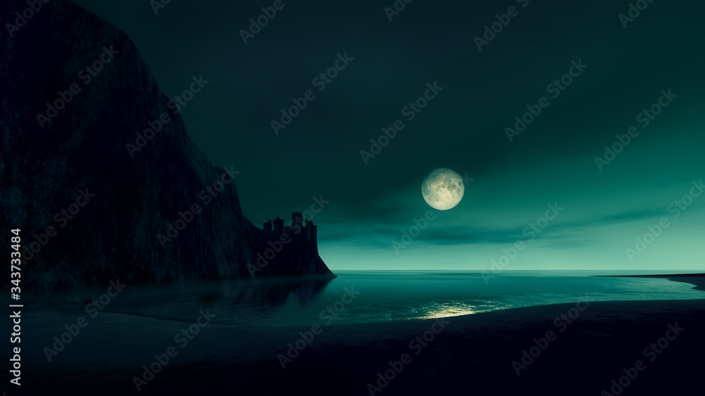full moon at the ocean with lost castle by night full moon at the ocean with lost castle by night