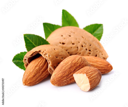 Almonds nuts with leaves.