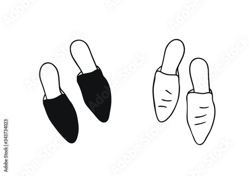 Hand Drawn Fashion Illustration Season Mules. Creative ink art work Summer Outfit Element. Actual vector drawing shoes. Black contour object on white background isolated
