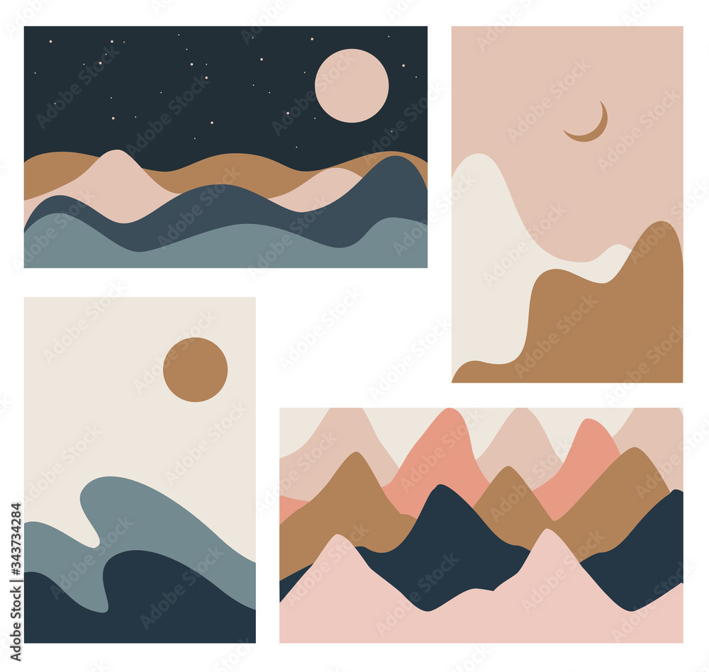 Set of vertical and horizontal backgrounds with waves or hills of warm bright colors.Abstract vector template with geometric pattern.
