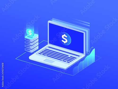 Effective template technology data, mining server farm room and smart digital devices such as phone ,computer, data, data processing vector illustration.
