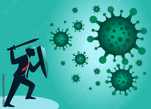 vector illustration businessman fighting covid corona virus. protection shield for fight corona virus
