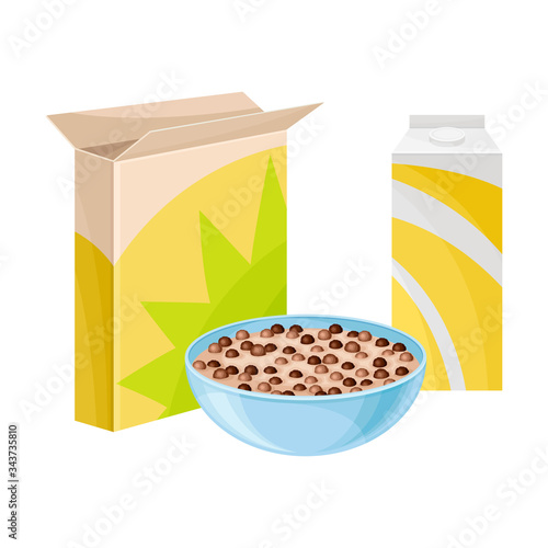 Bowl of Breakfast Cereal with Milk and Carton Package Rested Nearby Vector Illustration