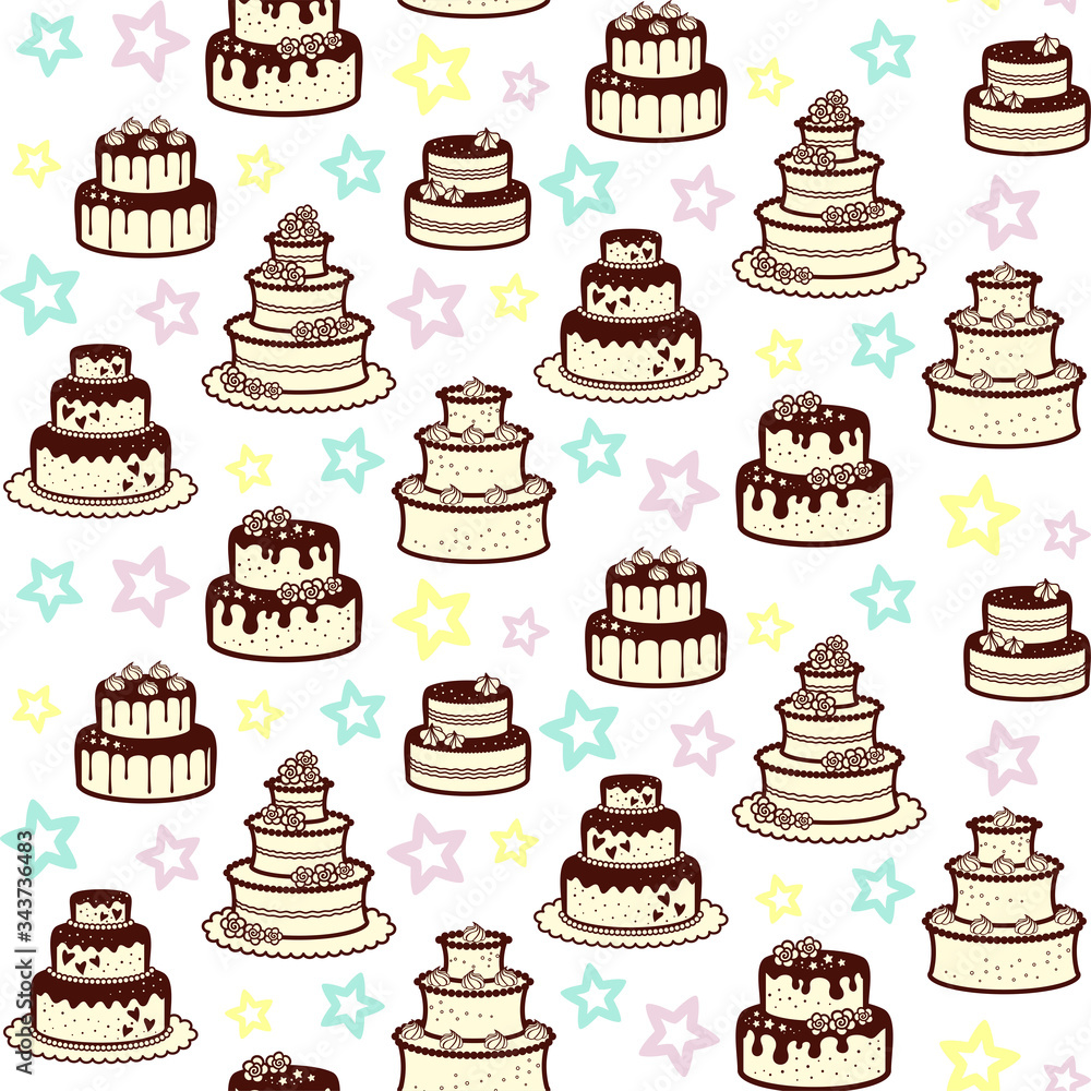 Different pale pink wedding and birthday cakes with flowers, stars and meringues on a white background with colorful stars. Vector seamless pattern for bakery, sweet shop, pastry shop, confectionery Different pale pink wedding and birthday cakes with flowers, stars and meringues on a white background with colorful stars. Vector seamless pattern for bakery, sweet shop, pastry shop, confectionery