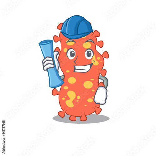 Cartoon character of bacteroides brainy Architect with blue prints and blue helmet