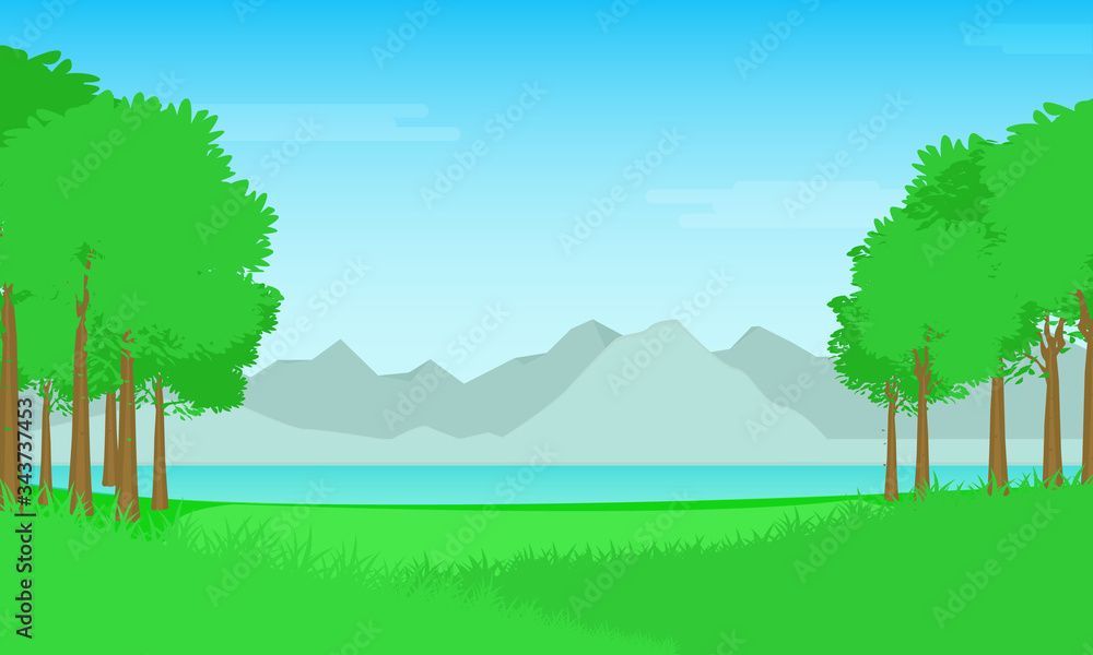 Nature landscape background. Spring scenery with green grass and blue sky.