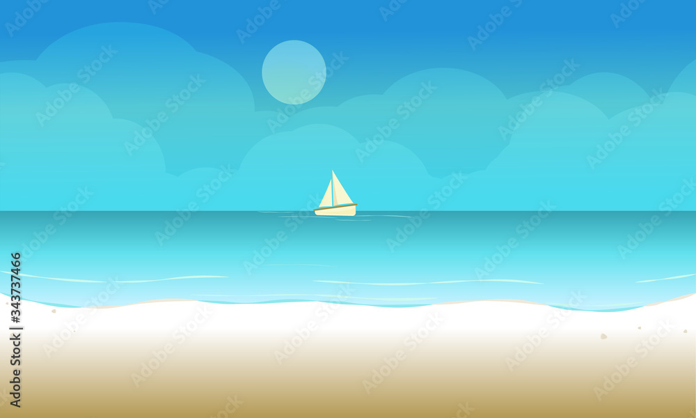 Naklejka premium Tło krajobraz plaża z żaglówką na oceanie morskim. Ilustracji wektorowych.