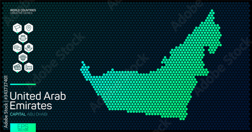 Abstract map of United Arab Emirates with hexagon cells with country data icons