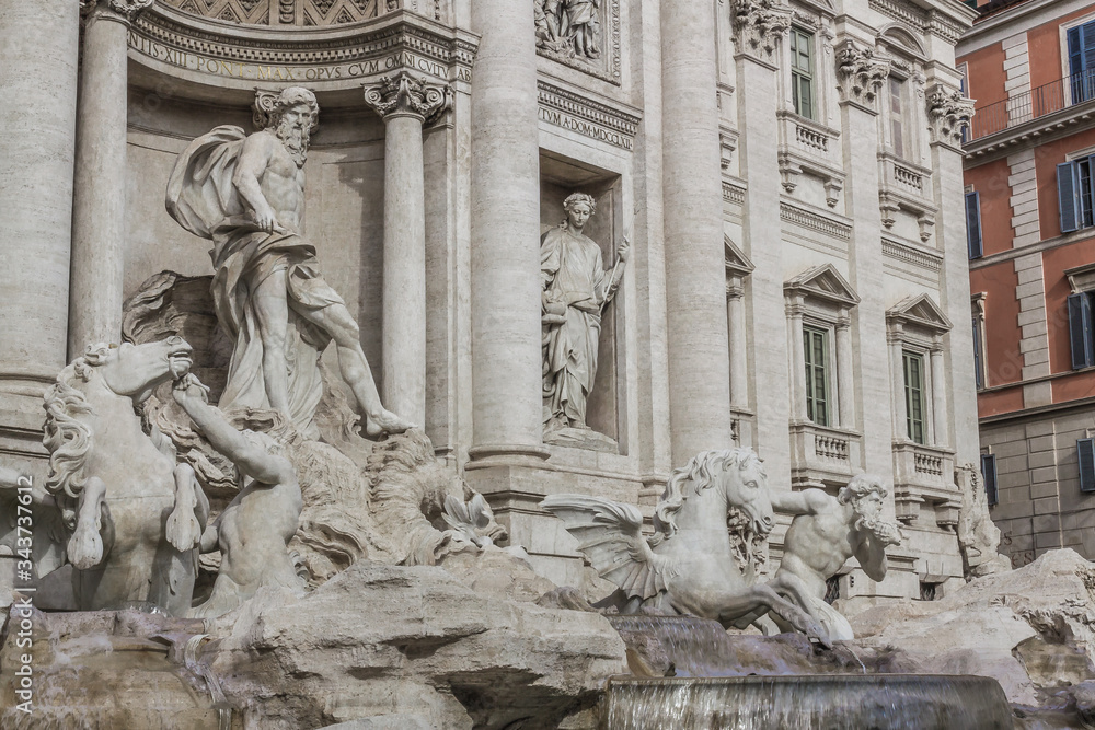 Rome, 10.11.2019, Trevi square, Trevi fountain, Sunny day, sculptural fragments-the figure of the Ocean (or Neptune), the ruler of the water element