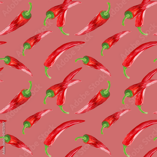Chili peppers hand drawn seamless pattern on pink. Manual illustration in gouache. Natural background for wallpaper, fabric, textile, cafe, restaurant, resort, packaging