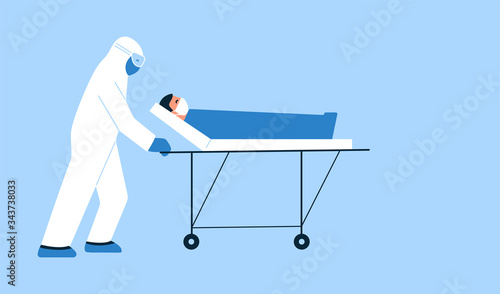 Modern isolated vector illustration in flat style. Poster. Empty place for text. Health care, ambulance concept. Doctor in white hazmat suit transporting patient with coronavirus on stretcher bed