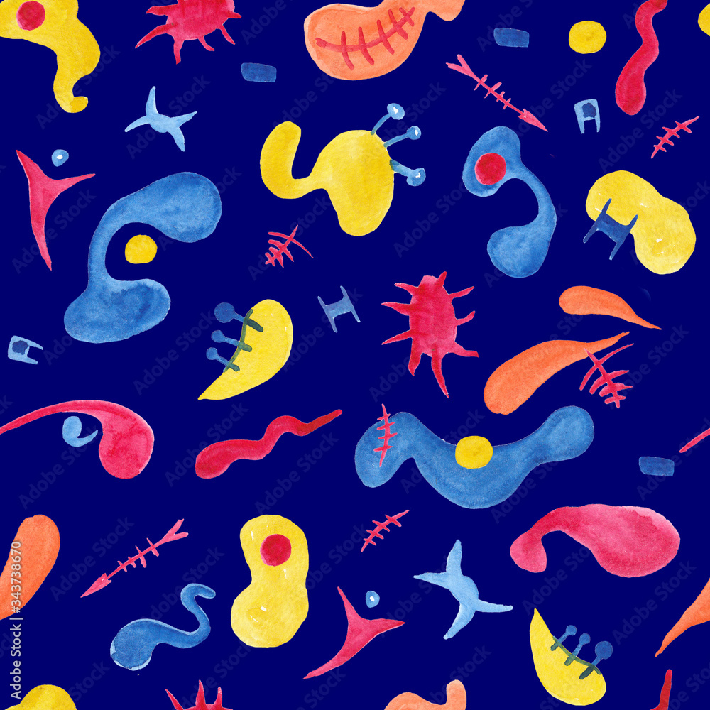 Childish pattern with abstract forms symbolising micro world of bacteria and microbes, friendly background, fabric design, wrapping paper, illustration to develop imagiation, microbes pattern