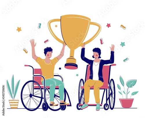 Disabled people goal achievements, vector flat illustration