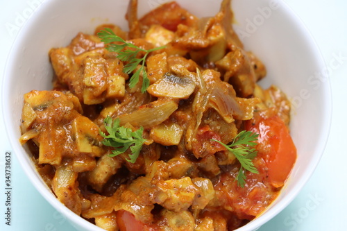 Chettinad mushroom masala, spicy dry curry of mushroom, Indian food