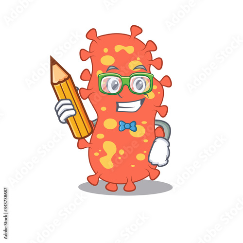 A brainy student bacteroides cartoon character with pencil and glasses