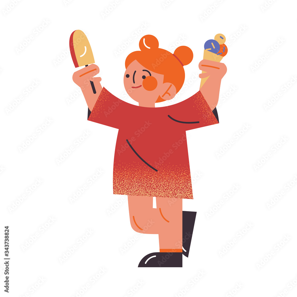 Cute red-haired girl in a red dress holding ice cream in raised hands. Vector illustration in the flat cartoon style Cute red-haired girl in a red dress holding ice cream in raised hands. Vector illustration in the flat cartoon style