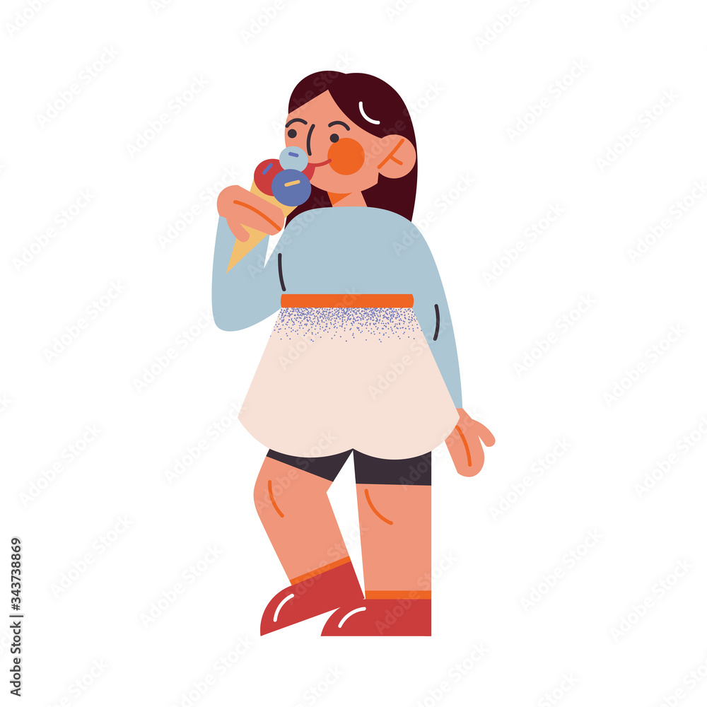 Cute brown-haired girl in a blue skirt standing with ice-cream. Vector illustration in the flat cartoon style Cute brown-haired girl in a blue skirt standing with ice-cream. Vector illustration in the flat cartoon style
