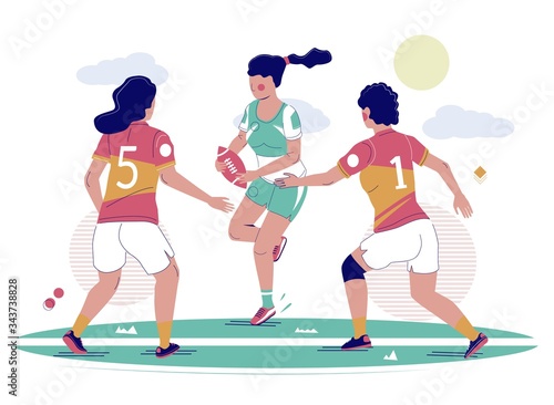 Women rugby football game, vector flat illustration