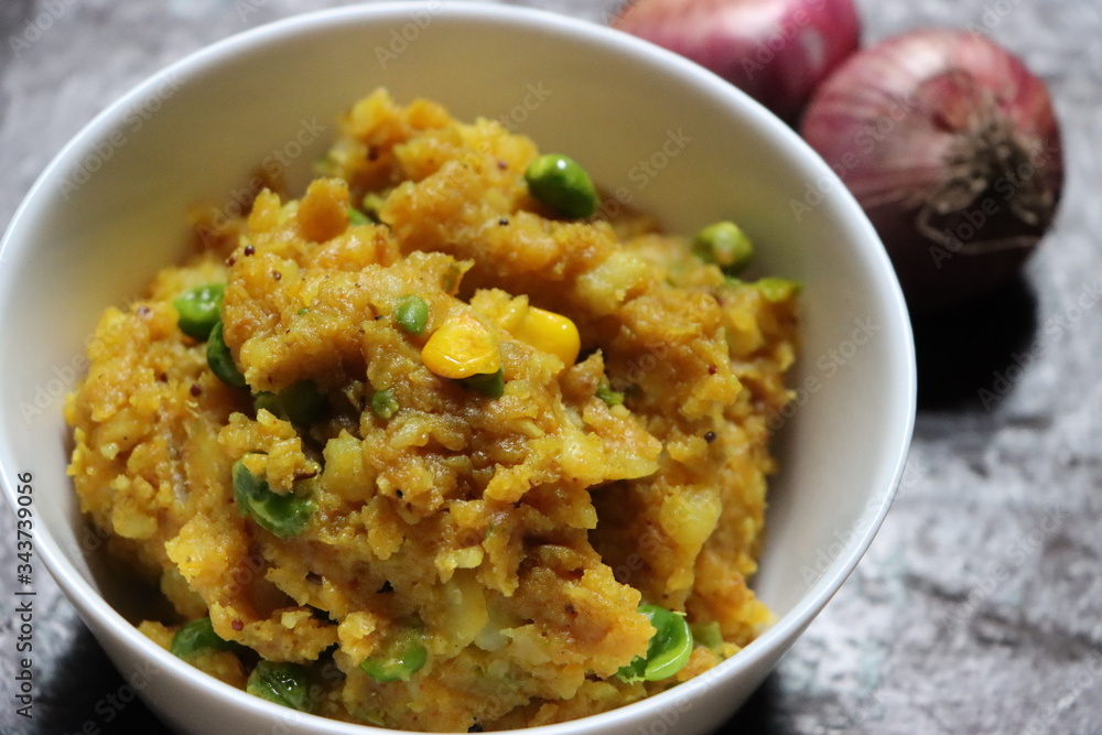 mashed potatoes spicy curry. Aloo ka bharta, aloo ki sabzi, spiced mashed potato, popular in northern India mashed potatoes spicy curry. Aloo ka bharta, aloo ki sabzi, spiced mashed potato, popular in northern India