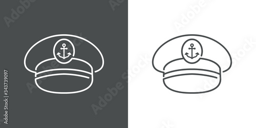 Símbolo naútico. Icono plano lineal sombrero de capitán de barco en fondo gris y fondo blanco